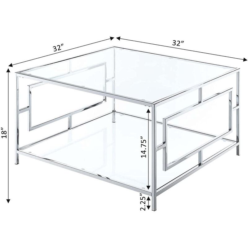 Convenience Concepts Town Square Chrome Square Coffee Table with Shelf, Clear Glass/Chrome Frame