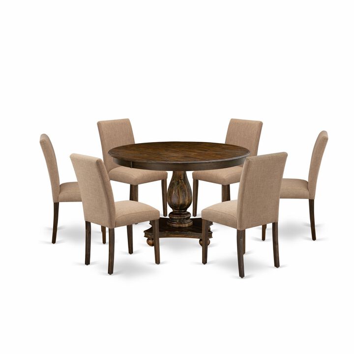 East West Furniture F2AB7-747 7Pc Dining Set - Round Table and 6 Parson Chairs - Distressed Jacobean Color