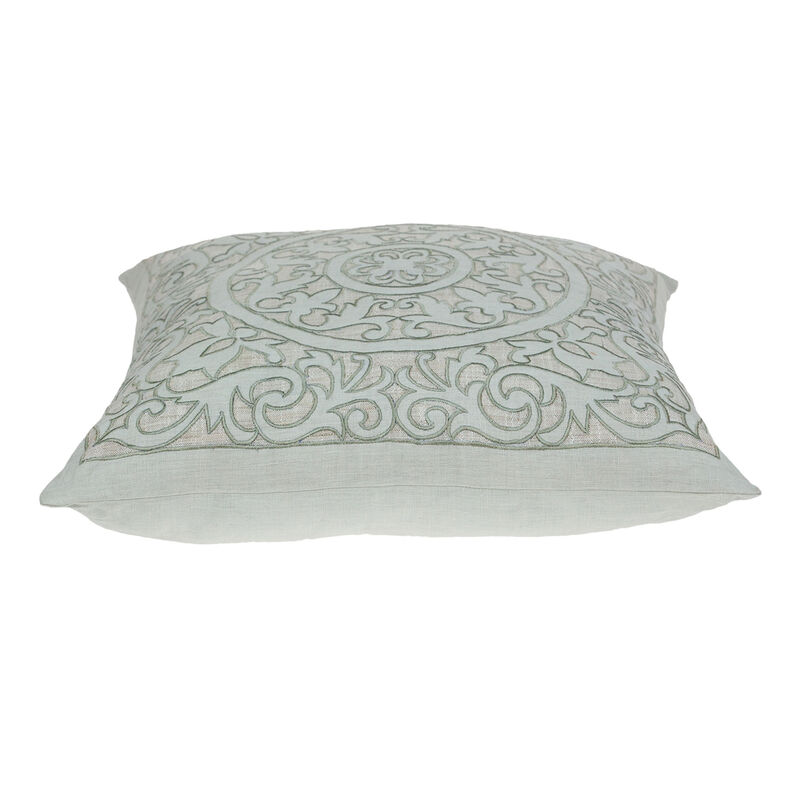HomeRoots 22" Beige and Green Damask Linen Blend Throw Pillow with Embroidery and Applique image number 2