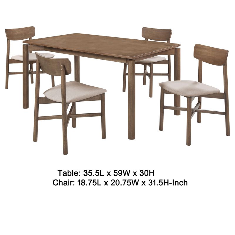 Rida 5pc Dining Table Set w 4 Upholstered Chairs, Natural Walnut Brown - Benzara