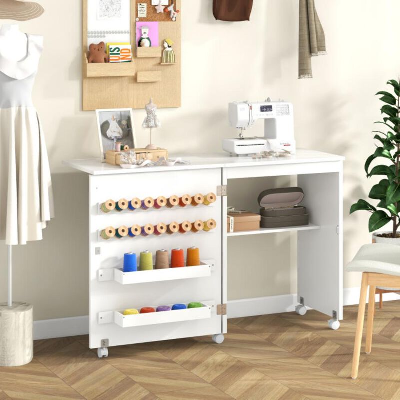 Folding Sewing Table with Storage Shelf and 5 Lockable Wheels for Craft Room Mobility