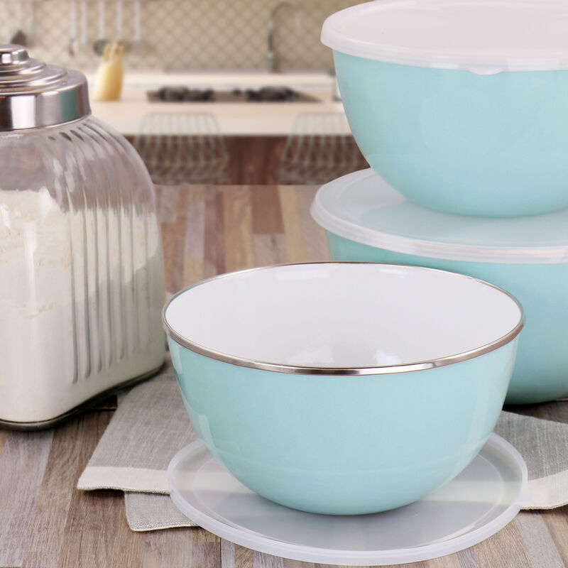 Martha Stewart 6 Piece Enamel Mixing Bowl and Lid Set in Turquoise