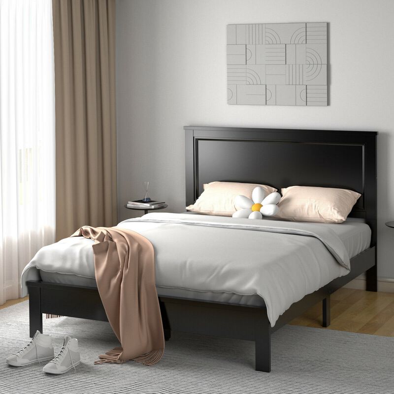 Queen Size Bed Frame Platform Slat High Headboard Bedroom with Rubber Wood Leg