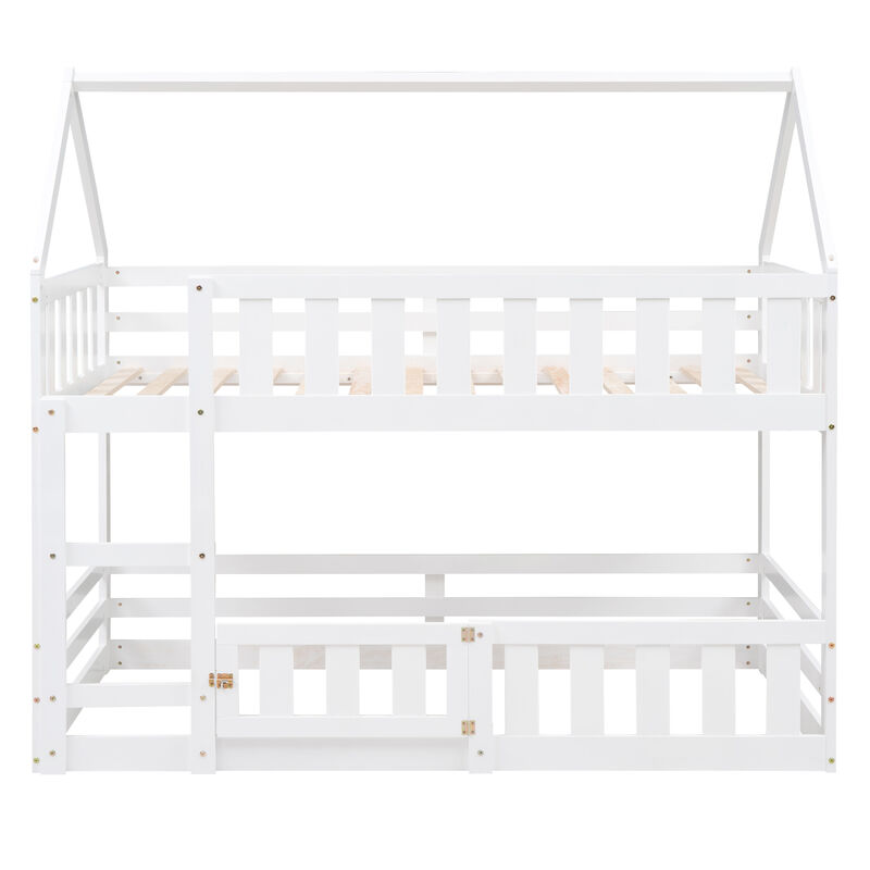 Whisen Wood Twin over Twin House-Shaped Bunk Bed with Fence with Door and Ladder - White