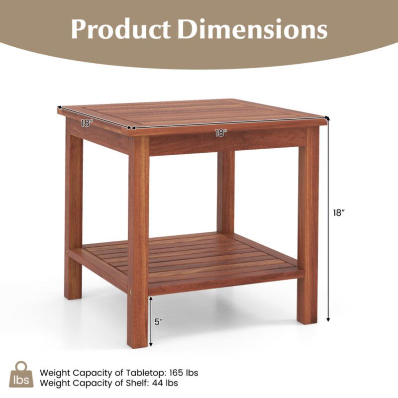 Hivvago Double-Tier Acacia Wood Patio Side Table with Slatted Tabletop and Shelf