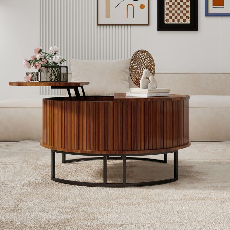 31.5" Modern Round Lift-Top Coffee Table with Hidden Storage, Walnut Wooden Living Room Table image number 2