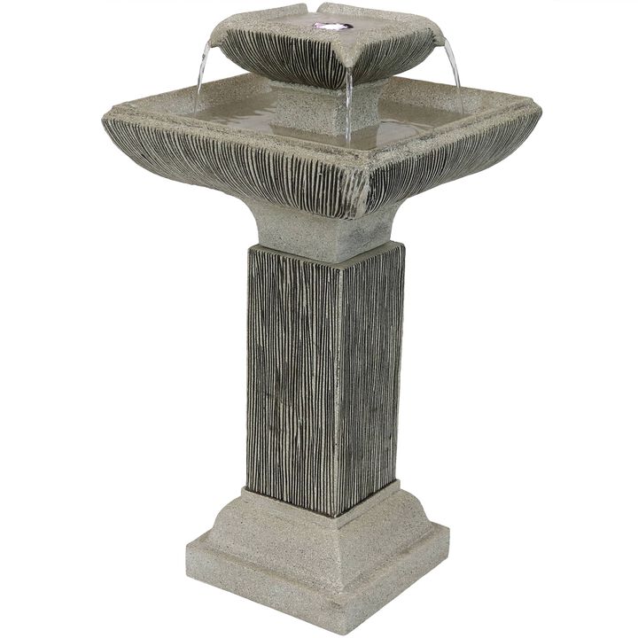Sunnydaze Square Resin Outdoor 2-Tier Bird Bath Water Fountain with Lights
