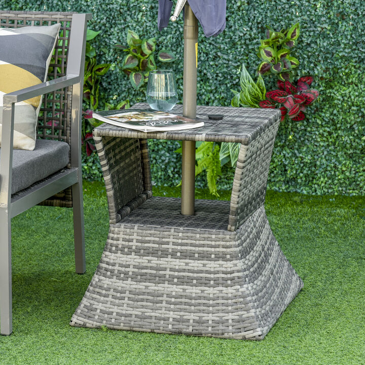 Hivvago Patio Wicker End Table with Storage Shelf and Umbrella Slot