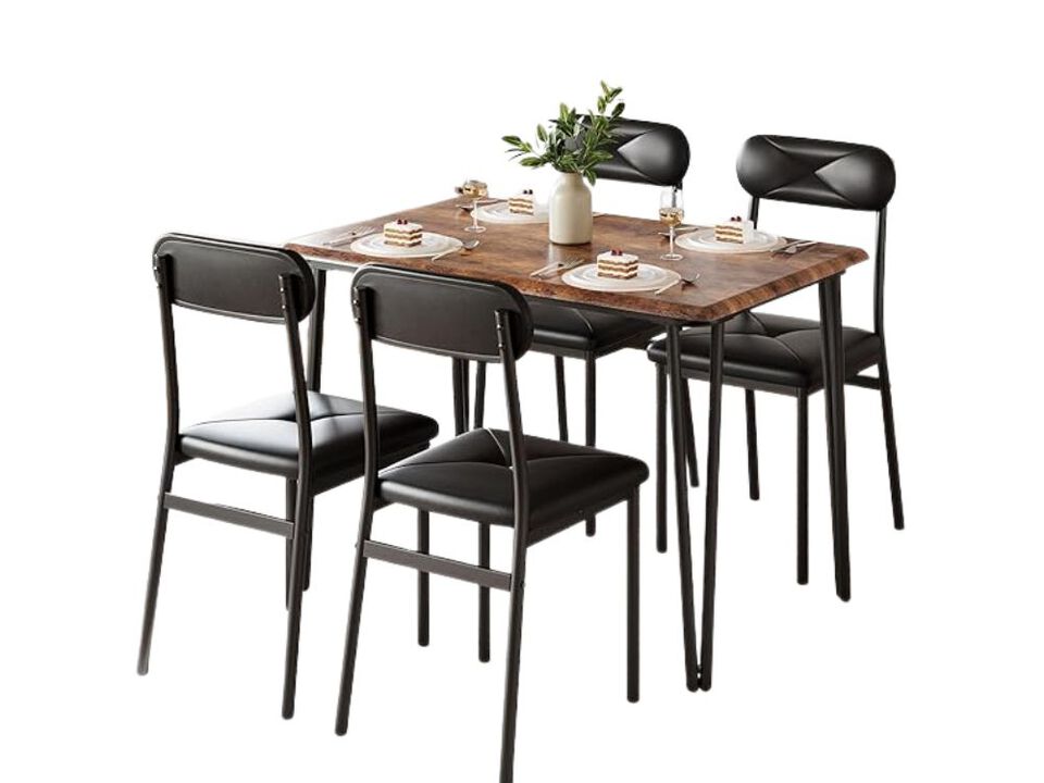 Dining Set &ndash; 5‑Piece White & Wood Grain Table with 4 Cushioned Chairs, Space‑Saving Frame