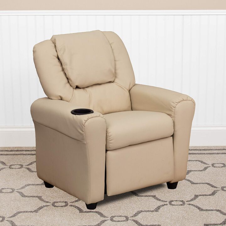 Flash Furniture Vana Vinyl Kids Recliner with Cup Holder, Headrest, and Safety Recline, Contemporary Reclining Chair for Kids, Supports up to 90 lbs., Beige