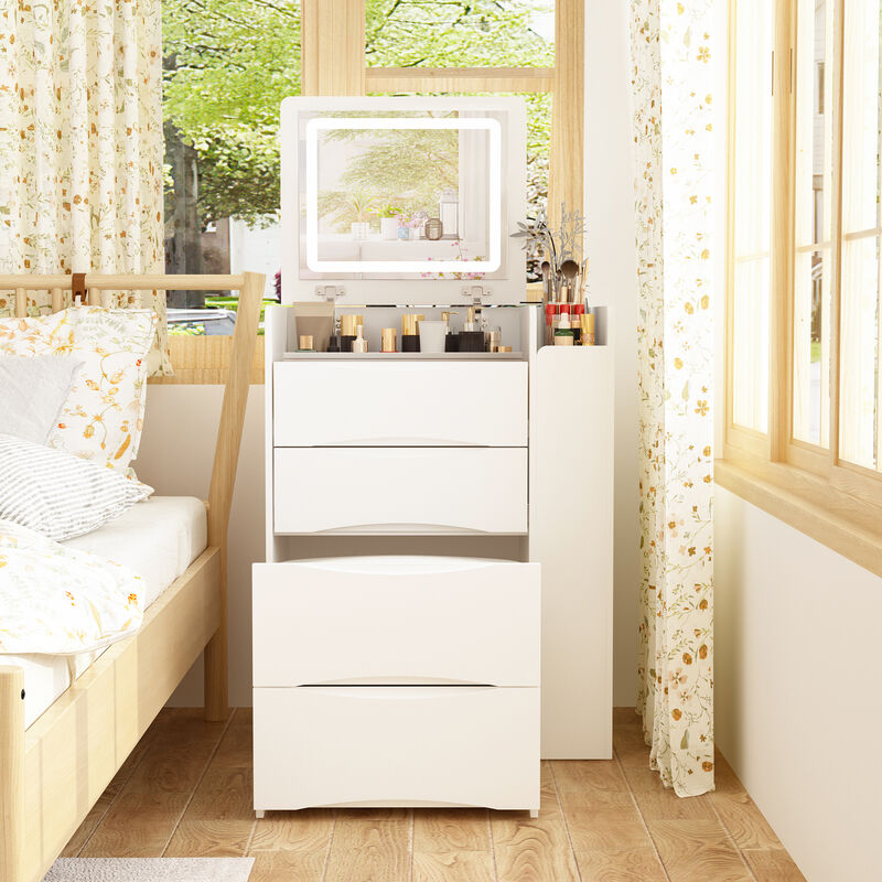 FUFU&GAGA Makeup Vanity with LED Lighted Mirror, Storage Drawers, Shelves, and Cushioned Stool (24.1" W x 15.7" D x 47.2" H), White