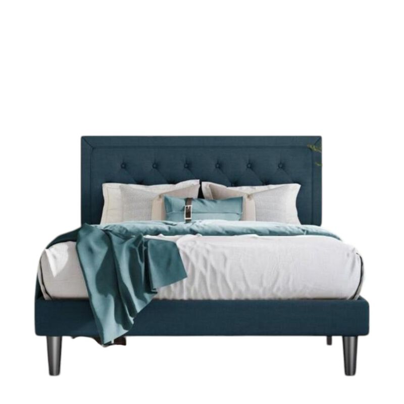 Hivvago Full Size Adjustable Height Platform Bed Frame with Blue Upholstered Headboard