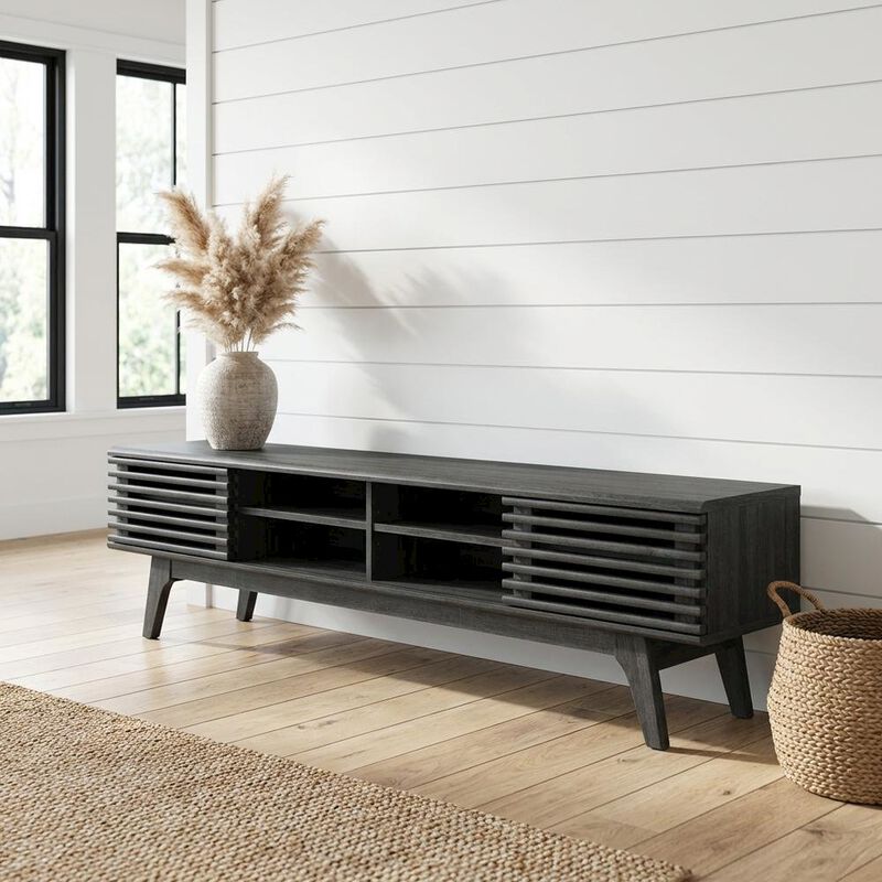 Brown wood entertainment center with spacious TV stand and sleek design image number 3