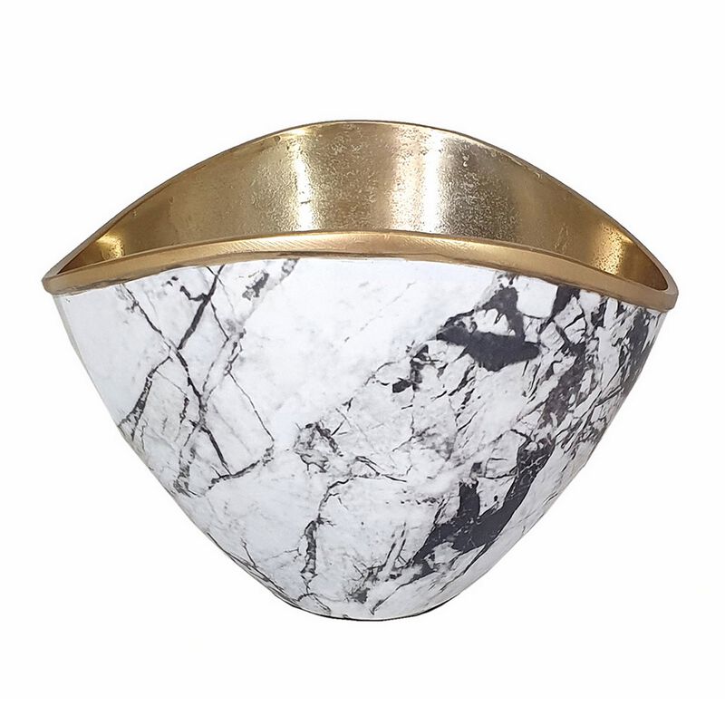 Sinzo 10 Inch Curved Bowl, Gold Aluminum, Textured Design, Black, White  - Benzara