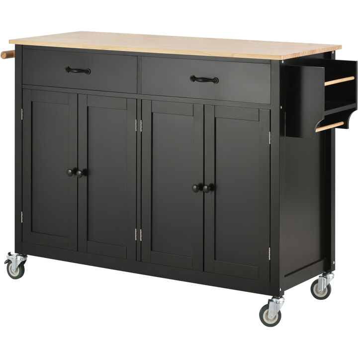 Kitchen Island Cart with Solid Wood Top and Locking Wheels, 54.3 Inch Width, 4 Door Cabinet and Two Drawers, Spice Rack, Towel Rack (Black)