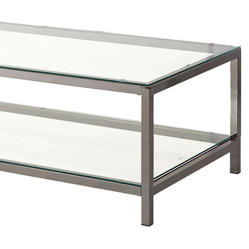 Glass Top Coffee Table with Metal Frame and Open Shelf, Silver
