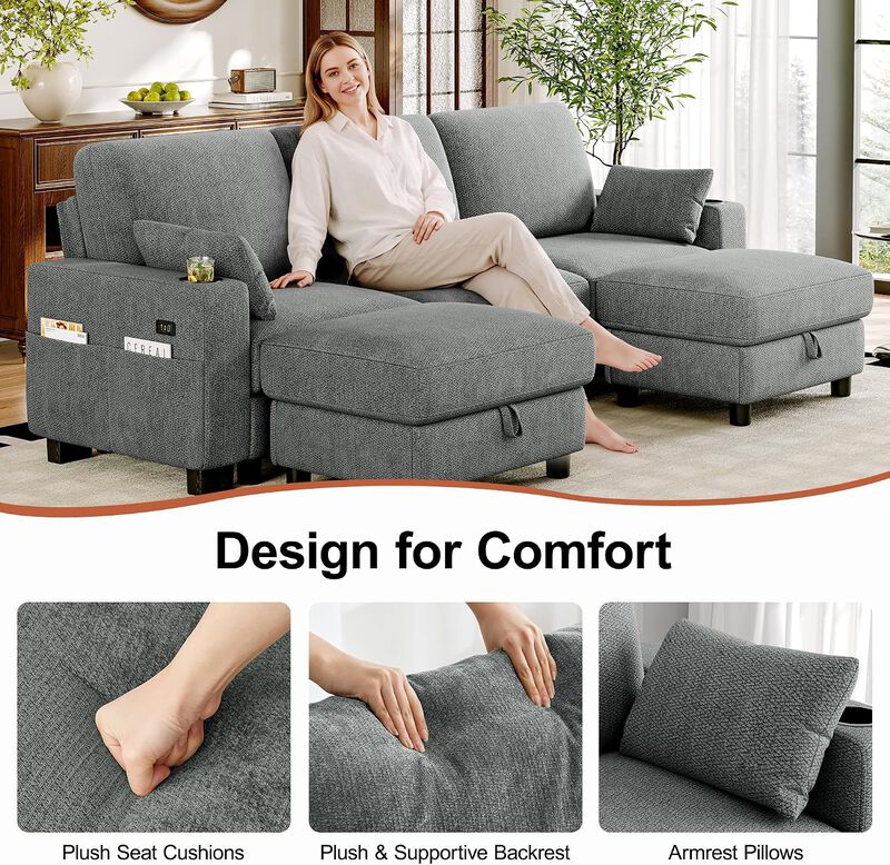 Vipbear 100" Modular Sectional Sofa Chenille 5 Seater U Shaped Couch with Moveable Ottoman image number 2