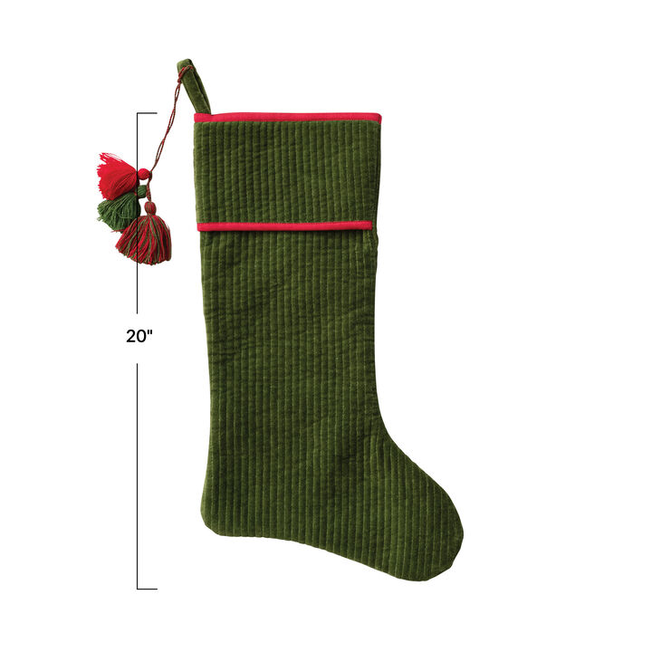 Quilted Cotton Velvet Stocking with Tassels, Red & Green