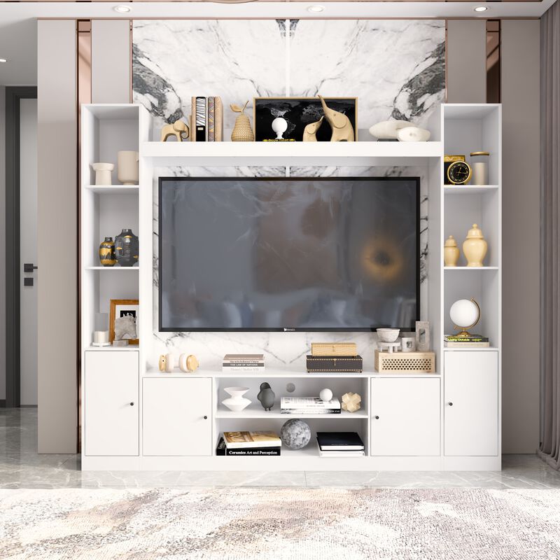 White Wood Entertainment Centers TV Stand Fits TV's up to 57 in. with Open Shelves, Door Cabinets