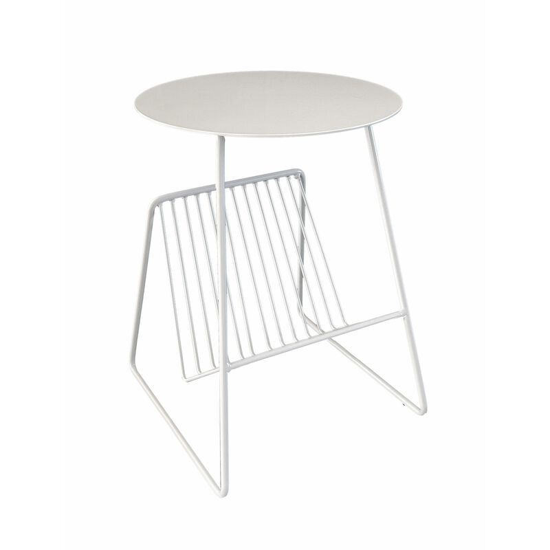 Zeo Side End Table w Magazine Rack, 14 Inch Round Top, White Metal