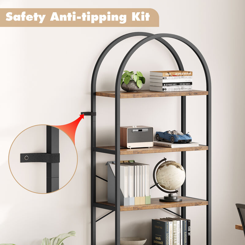 Modern Industrial Arched 5-Tier Open Bookshelf, Curved Metal Frame Freestanding Storage Display Shelf for Living Room, Bedroom & Home Office image number 3