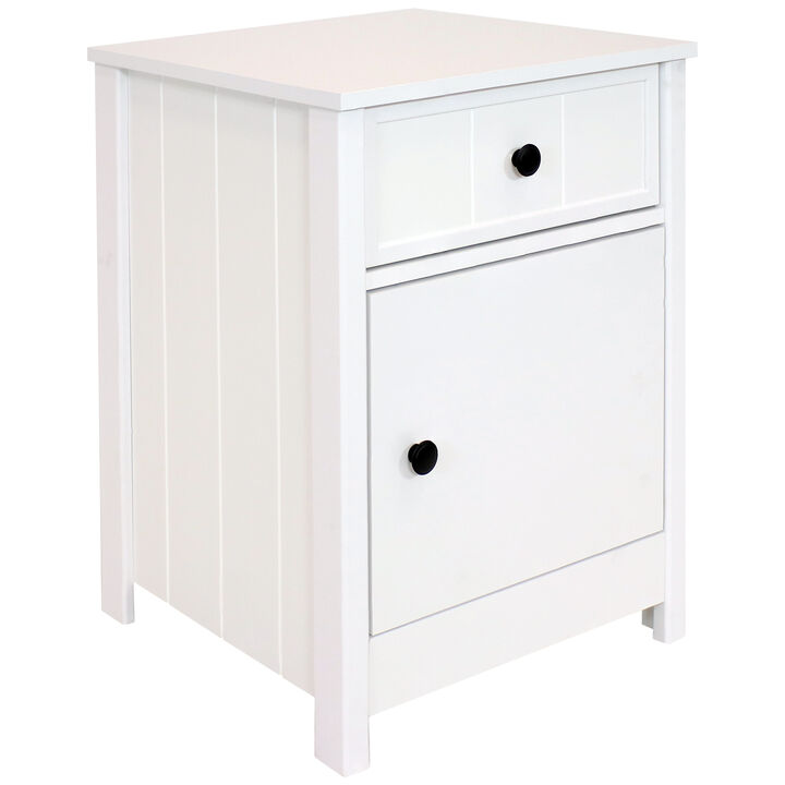 Sunnydaze Beadboard Side Table with Drawer and Cabinet - White - 23.75in