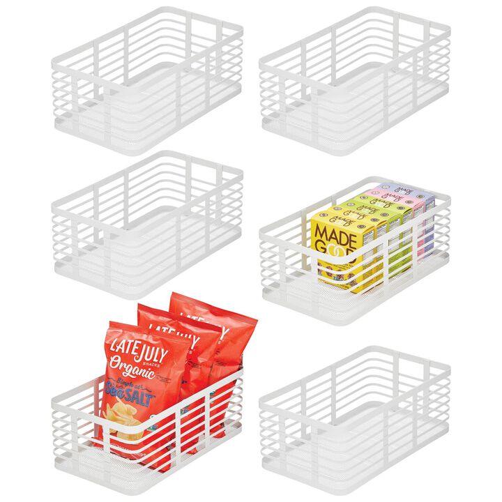 mDesign Large Steel Metal Kitchen Organizer Basket with Handles, 6 Pack, White