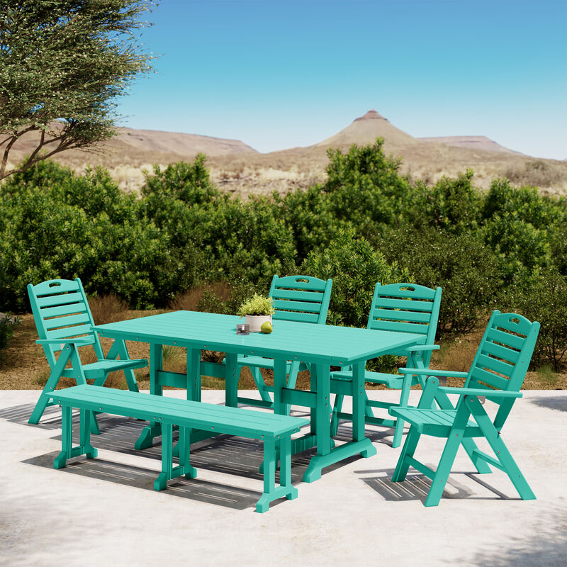 WestinTrends 6-Piece HDPE Rectangular Patio Dining Table Set with Foldable Chairs and Patio Bench