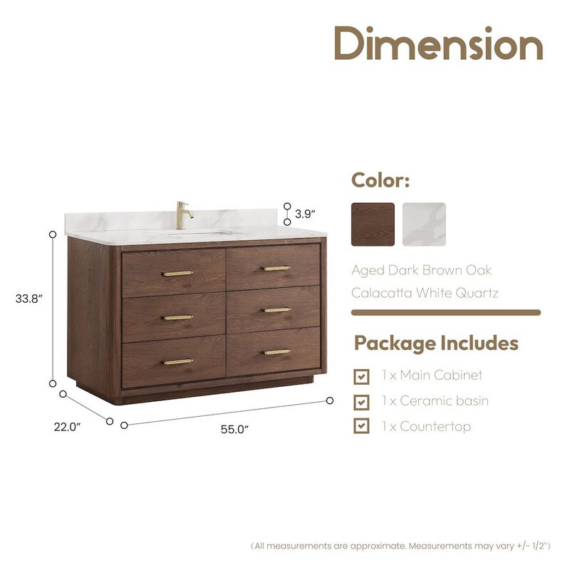 Vinnova Design Porto 55 Free-standing Single Bath Vanity in Aged Dark Brown Oak