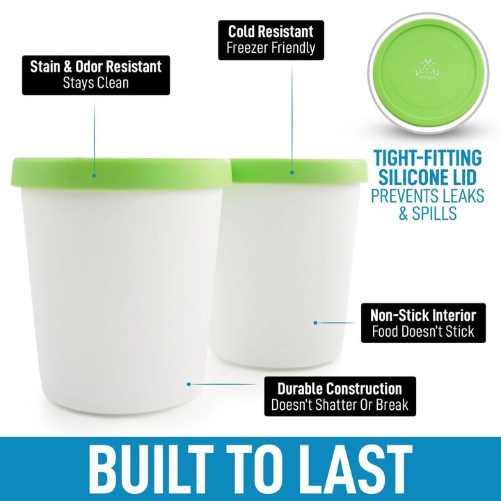(2 Pack - 1 Quart Each) Large Ice Cream Containers For Homemade Ice Cream - Green