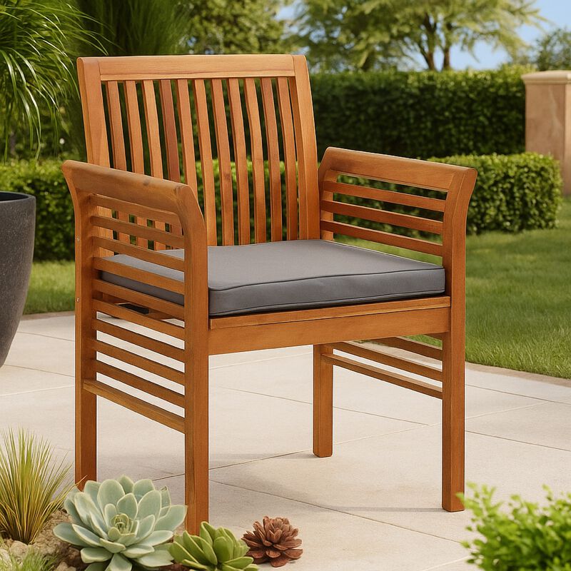 Outdoor Dining Chair Set of 4, Slatted Brown Acacia Wood, Gray Fabric - Benzara image number 5