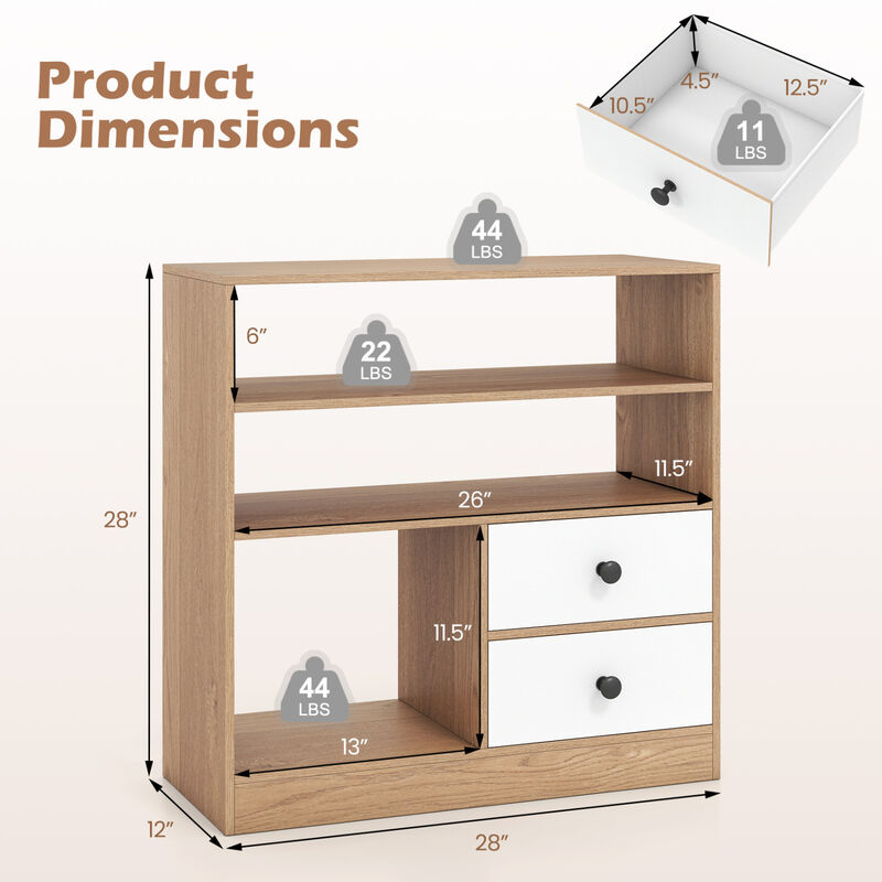 Storage Cabinet with 3 Open Compartments and 2 Drawers for Home Office-Natural image number 2