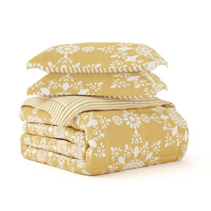 Hivvago Full/Queen size 3-Piece Yellow White Reversible Floral Striped Comforter Set