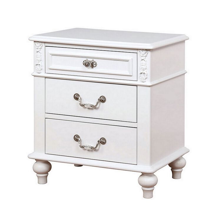 Nightstand with 3 Drawers and Built In USB Port, White-Benzara