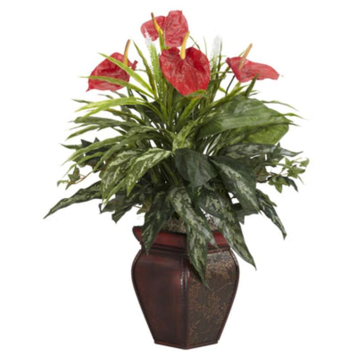 HomPlanti Mixed Greens & Anthurium w/Decorative Vase Silk Plant