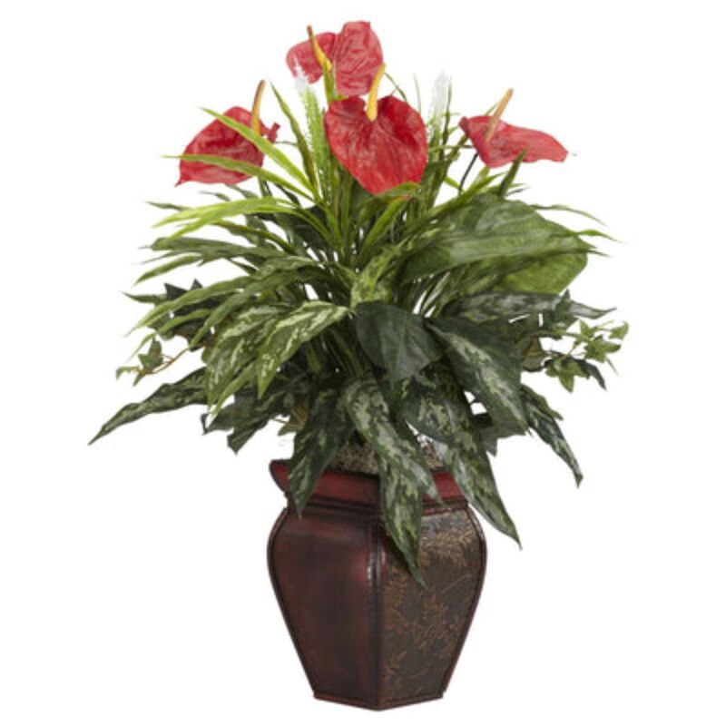 Hivvago Mixed Greens & Anthurium w/Decorative Vase Silk Plant