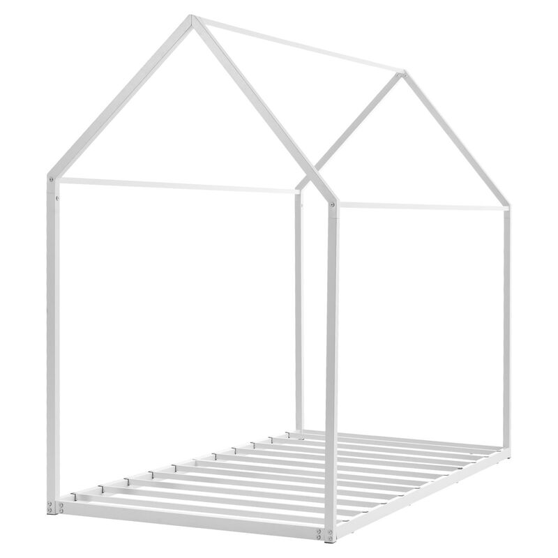 Twin Size House Bed Frame, Metal Kids Floor Bed with Roof, Steel Slats Support, White image number 7