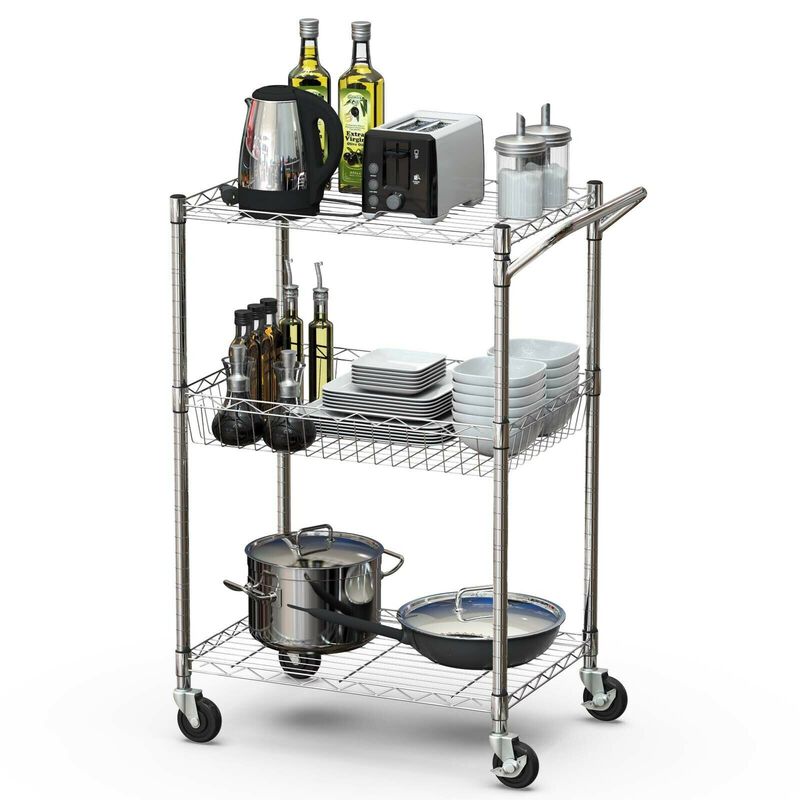 3-Tier Rolling Utility Cart with Handle Bar and Adjustable Shelves