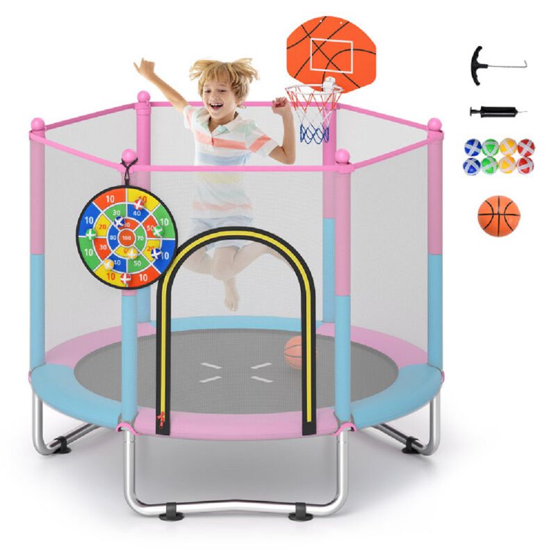 60" Recreational Kids Trampoline with Basketball Hoop, Toddler Activity Jumper-Macaron image number 4