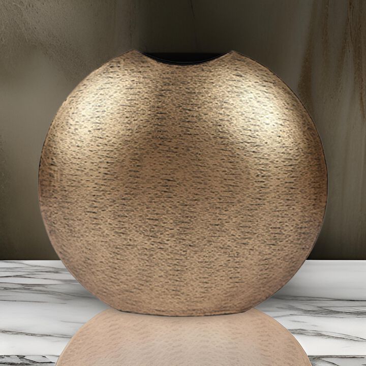 Bier Decor Vase, Curved Mouth, 16 Inch Round Metal Frame, Flat Base, Gold - Benzara