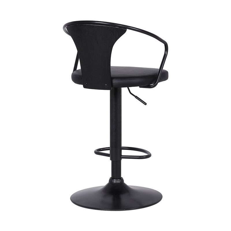 Adjustable Leatherette Swivel Barstool with Curved Back, Black - Benzara