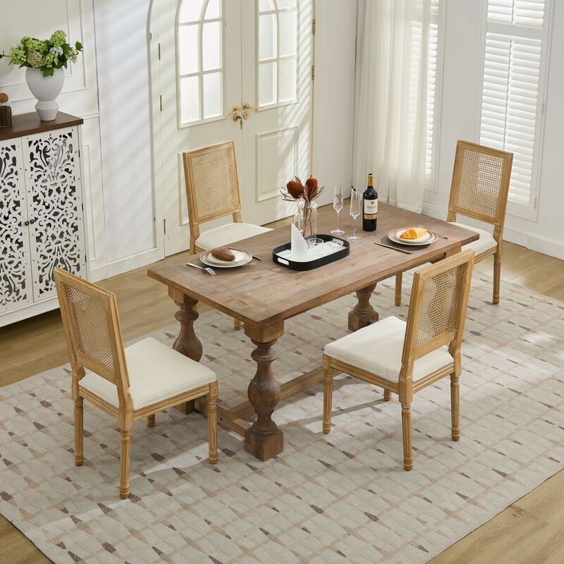 Whisen French Dining Chairs Set of 2, Solid Rubberwood Frame with Linen Upholstery and Rattan Back, for Living Room Kitchen Restaurant image number 2