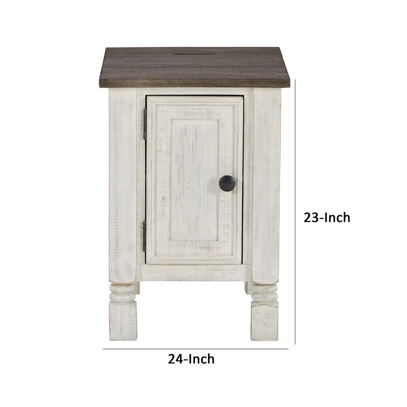 Tex 24 Inch Chairside End Table, Gray Plank Surface, USB Charger, White