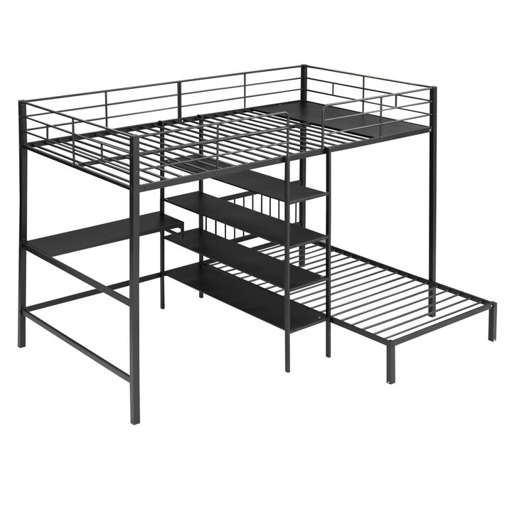 Full Over Twin Metal Bunk Bed With Built-In Desk, Shelves And Ladder