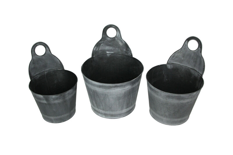 Set of 3 Charcoal Gray Finish Metal Bucket Style Hangable Planters image number 0