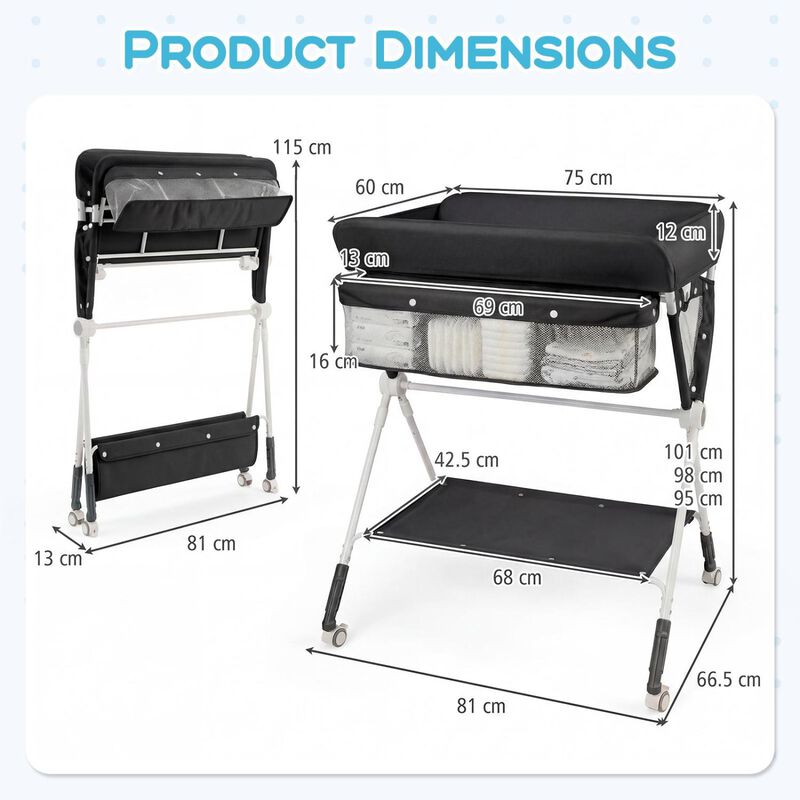Baby Changing Table with 3 Level Height Adjustment and Storage for Nursery-Black image number 2