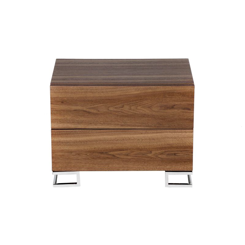 Sam 20 Inch Nightstand, 2 Drawers, Walnut Brown, High Polished Metal Legs - Benzara
