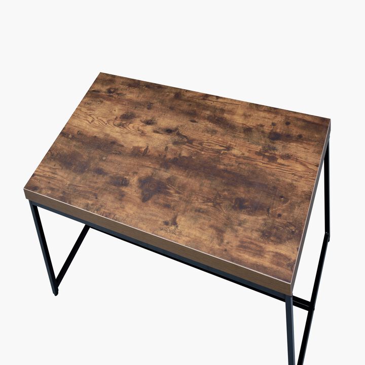Metal Framed Coffee Table with veneer Top, Weathered Oak Brown and Black-Benzara