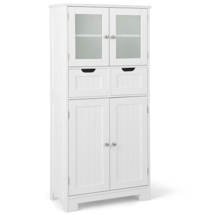 3 Tier Free-Standing Bathroom Cabinet with 2 Drawers and Glass Doors