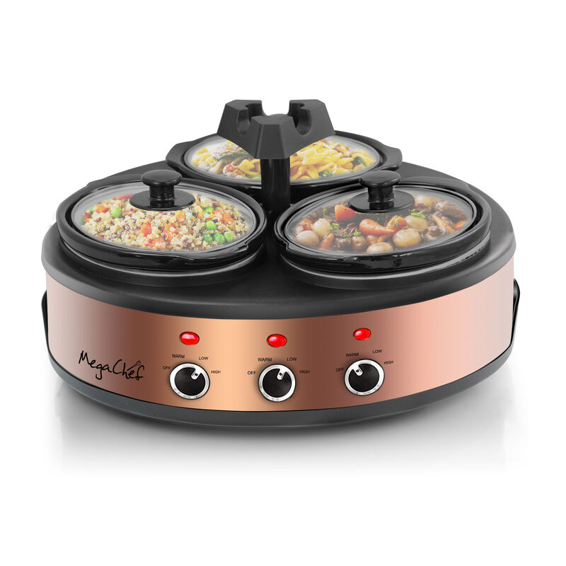 MegaChef Round Triple 1.5 Quart Slow Cooker and Buffet Server in Brushed Copper and Black Finish with 3 Ceramic Cooking Pots and Removable Lid Rests image number 3